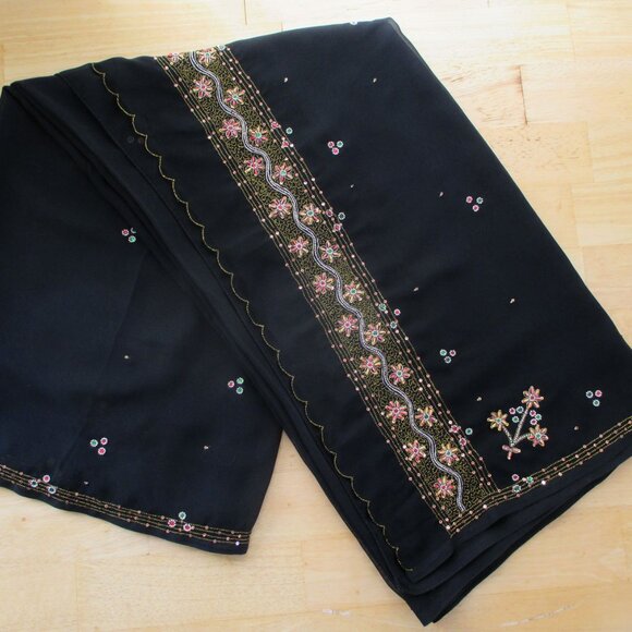 Indian Saree Black Chiffon with Choli Blouse Kundan Beaded Stone Work Vintage - Picture 4 of 11